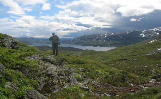 Noorwegen, Pelgrimsroute, man loopt in de bergen