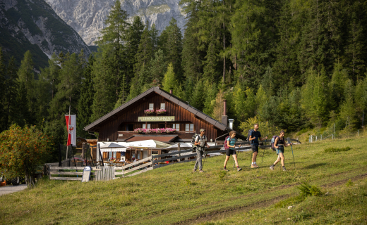 Wandelaars met rugzak bij een berghut