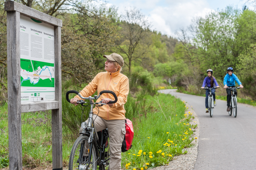 Vennbahnweg, Erik van de Perre, fietsers, helm, kaartlezen, bord met kaart