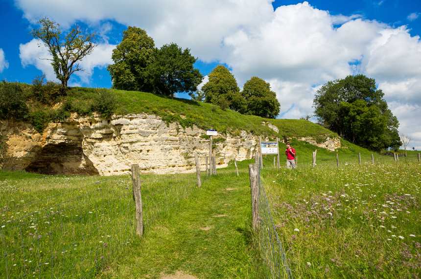 Pelgrimspad: in de buurt van Schin op Geul komen we langs deze mergelwand.