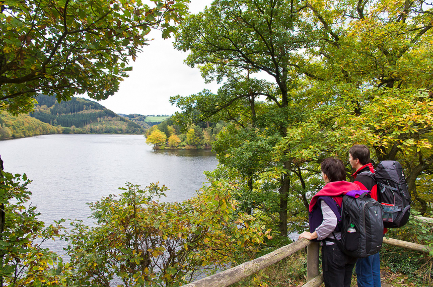 Wildnis-Trail-Eifel-7-600x398.jpg Kilometerslang volgt het pad de oever van het meer (Obersee) zonder noemenswaardige hoogteverschillen.